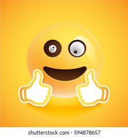 Realistic goofy smiley with thumbs up, vector illustration