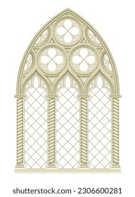 Realistic Gothic cathedral medieval stained glass window and stone arch . Background or texture. Architectural element