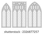 Realistic Gothic medieval contour window or gate arch. Background or texture. Architectural element. Forging. Cathedral stained-glass window.