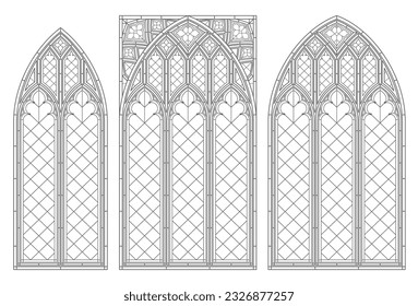 Realistic Gothic medieval contour window or gate arch. Background or texture. Architectural element. Forging. Cathedral stained-glass window.