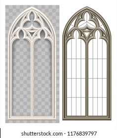 Realistic Gothic medieval Lancet window and stone arch with a shadow. Transparent shadow. Background or texture. Architectural element