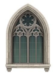 Realistic Gothic Medieval Stained Glass Window And Stone Arch With A Shadow. Transparent Shadow. Background Or Texture. Architectural Element