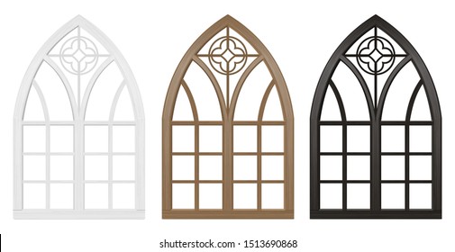 Realistic Gothic medieval stained glass window and stone arch with a shadow. Transparent shadow. Background or texture. Architectural element