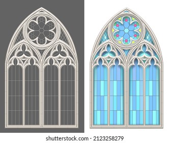 Ventana gótica gótica medieval de vidrieras y arco de piedra con sombra. Fondo o textura. Elemento arquitectónico