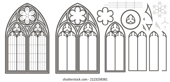 Realistic Gothic medieval stained glass window and stone arch with a shadow. Background or texture. Architectural element