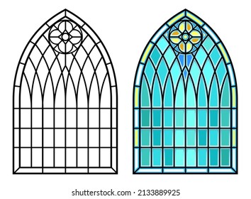 Ventana gótica gótica medieval de vidrieras y arco de piedra con sombra. Sombra transparente. Fondo o textura. Elemento arquitectónico