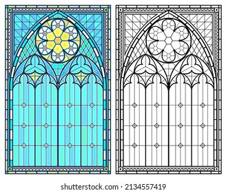 Realistic Gothic medieval stained glass window and stone arch with a shadow. Transparent shadow. Background or texture. Architectural element