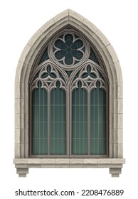 Realistic Gothic medieval stained glass window and stone arch with a shadow. Transparent shadow. Background or texture. Architectural element