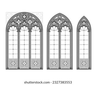Realistic Gothic medieval stained glass window. Background or texture. Architectural element. Medieval Gothic stained glass cathedral window set