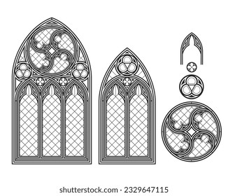 Realistic Gothic medieval stained glass window. Background or texture. Architectural element. Medieval Gothic stained glass cathedral window set