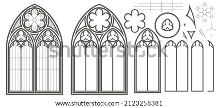 Realistic Gothic medieval stained glass window and stone arch with a shadow. Background or texture. Architectural element ストックフォト © 