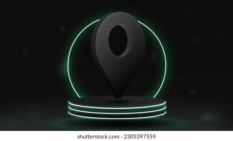 Realistic GPS pointer in 3D on the podium with a bright neon round arch.