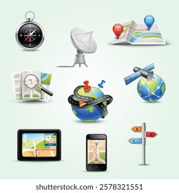 Realistic gps route search and navigation icons set