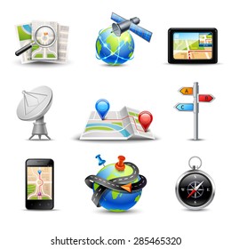 Realistic gps route search and navigation icons set isolated vector illustration