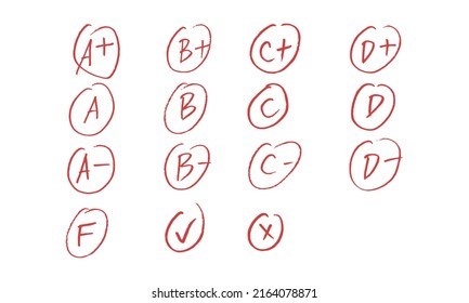 Realistic grade results set hand drawn vector illustration isolated on white background. Assessment results. Hand drawn school or college exam results. Class grades with red circles. School, education