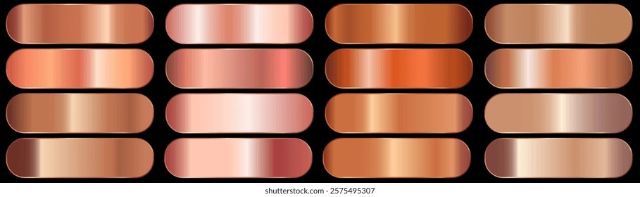 Realistic gradient bronze metal. Collection of colorful bronze palette. Metallic glitter material mold. Vector illustration.