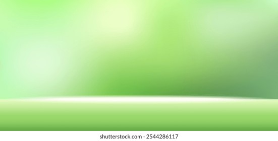 Realistic Gradient Green background with podium floor. Space for displaying product, empty room with spotlights effect. Vector illustration.