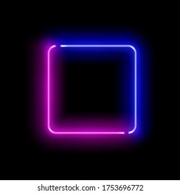 Realistic gradient neon square frame. Pink and blue colored blank template isolated on black empty grunge background. Geometric glow outline shape or laser glowing lines. Vector shining object