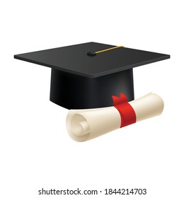 Realistic graduate academic composition with images of paper with red ribbon and square academic hat vector illustration