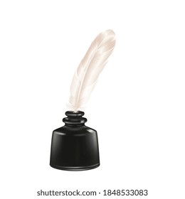 Realistic graduate academic composition with isolated image of vintage quill with ink pot vector illustration