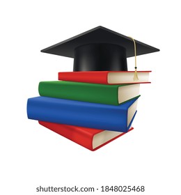 Composición académica realista de los graduados con un montón de libros coloridos y un tope académico cuadrado en la ilustración vectorial superior