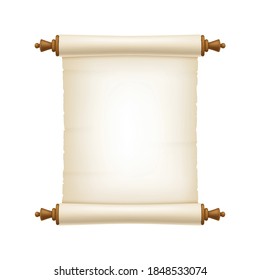 Realistic graduate academic composition with vintage wooden scroll for manuscript with blank paper vector illustration