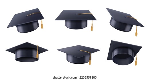 Captura de graduado realista. Sombrero negro de la universidad de graduación, educación de celebración y gorros de la universidad vector ilustración 3D conjunto de sombrero de colegio negro