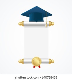 Realistic Graduated Cap Student and Empty Template Blank Roll Diploma Symbol of Knowledge. Vector illustration