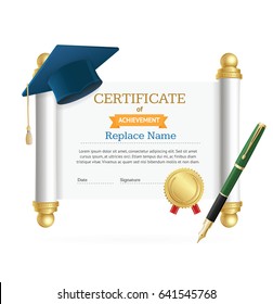Realistic Graduated Cap Student and Horizontal Roll Certificate Place for Your Text. Vector illustration
