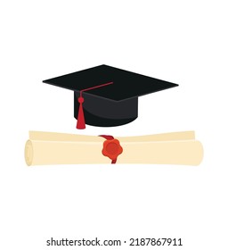 Realistic graduation cap and diploma scroll isolated on white background. Academic hat with tassel and university degree certificate. Vector illustration for announcement, banner, poster, flyer.