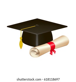 Realistic graduation cap and diploma scroll isolated on white background. Academic hat with tassel and university degree certificate. Vector illustration for announcement, banner, poster, flyer, ad.