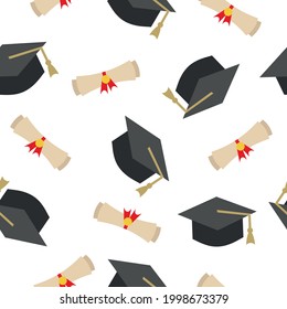 Realistic Graduation Cap And Diploma Seamless Pattern Vector Seamless Pattern Graduation Hat And Diploma Texture. Can Be Used For Wrapping Paper, Banner, Card, Wallpaper, For Textile Print Or Web.