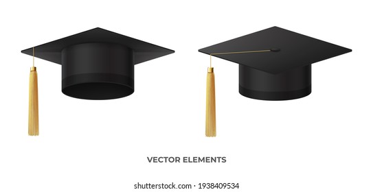 Realistic graduation cap or mortar board. Graduation university or college black cap isolated on white background. Vector illustration. Vector element for degree ceremony design.