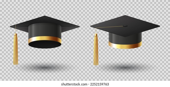 Realistic graduation cap or mortar board. Graduation university or college black cap isolated on checkered background. Vector illustration with element for degree ceremony design.