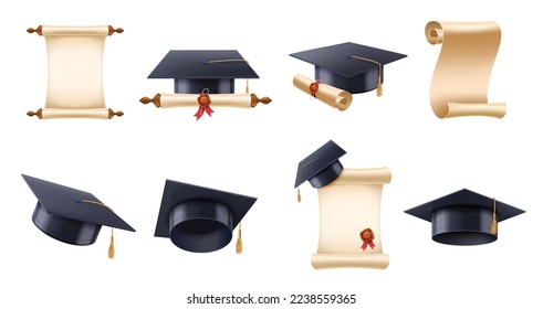 Realistic graduation hat and diploma. High school, college or university cap with bachelor degree scroll, academic graduate certificate vector of education cap with tassel illustration