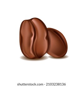 Realistic grain concept. Colorful sticker with fragrant coffee beans. Element for brewing delicious hot drinks. Design for packages. Cartoon 3D vector illustration isolated on white background
