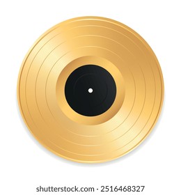 Grabación de vinilo dorado de gramófono realista. Icono de registro de vinilo aislado sobre fondo blanco. Ilustración vectorial