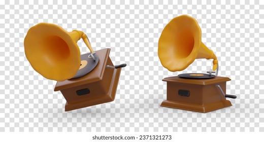 Realistic gramophone. Isolated illustrations in cartoon style. Detailed vector object in different positions. Vintage device for playing music from records