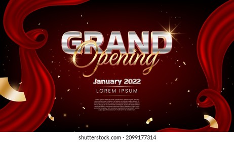 Realistic grand opening event design with red silk and golden confetti