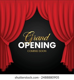 Realistic grand opening invitation banner with red curtains