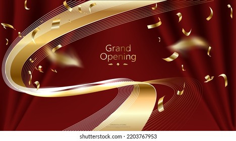 Realistische Grand Opening Einladung mit roten Vorhängen und Golden Confetti. Vektorgrafik.