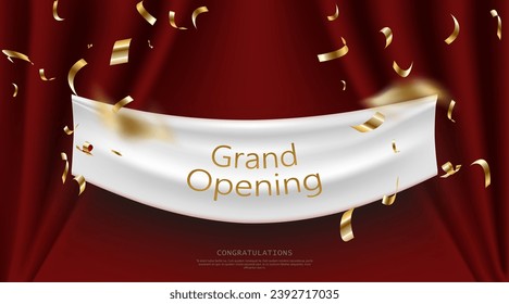 Realistic Grand Opening Invitation with Red Curtains and Golden Confetti.