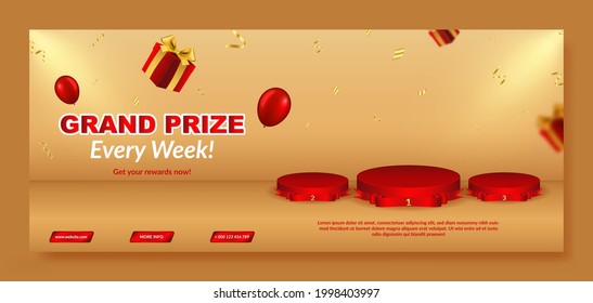 Realistic grand prize banner template with podium and gift box