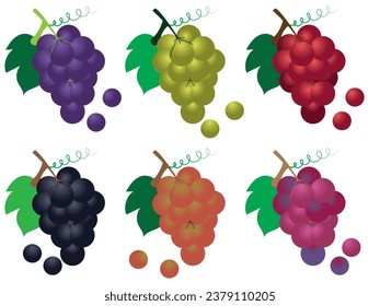 Un grupo de uvas realistas.  Uvas verdes, racimos negros y rojos de uva de moscatel conjunto de iconos vectoriales 3d. 
ilustración de diferentes variedades de uva sobre fondo blanco. Vector de uva 3D.
