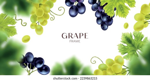 Realistic grape composition of empty space with editable ornate text surrounded by clusters of grapes leaves vector illustration