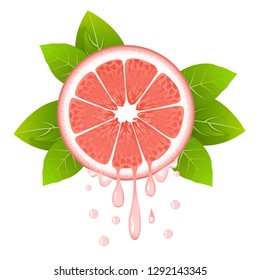 Realistic grapefruit slice with leaves and drops of juice. Juicy fruit. Fresh citrus design on white background vector illustration