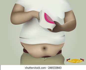 realistic graphic design of fat man eating snack, belly fat man design concept