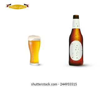 realistic graphic design vector of bottle and glass of beer with condensed water
