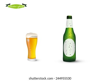 realistic graphic design vector of bottle and glass of beer with condensed water