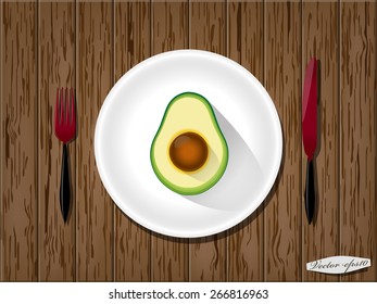 realistic graphic design vector of half avocado on wood table